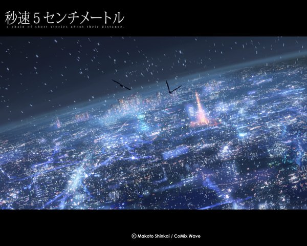 Anime picture 1280x1024 with 5 centimeters per second shinkai makoto night night sky city light snowing letterboxed winter horizon cityscape flying no people city lights animal bird (birds)