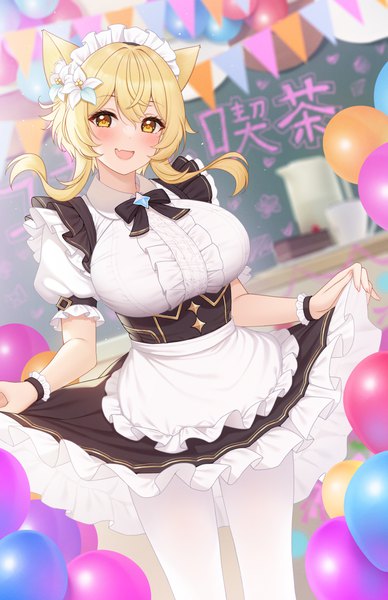 Anime picture 2480x3832 with genshin impact lumine (genshin impact) fukuro ko (greentea) single tall image looking at viewer blush fringe highres short hair breasts open mouth blonde hair smile hair between eyes large breasts standing holding yellow eyes head tilt