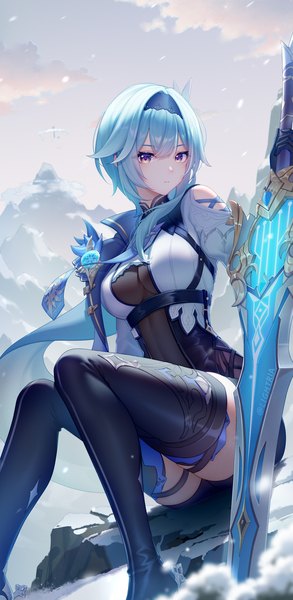 Anime picture 1052x2156 with genshin impact eula lawrence lightria single long hair tall image fringe hair between eyes sitting purple eyes bare shoulders blue hair outdoors turning head mountain girl weapon sword boots hairband