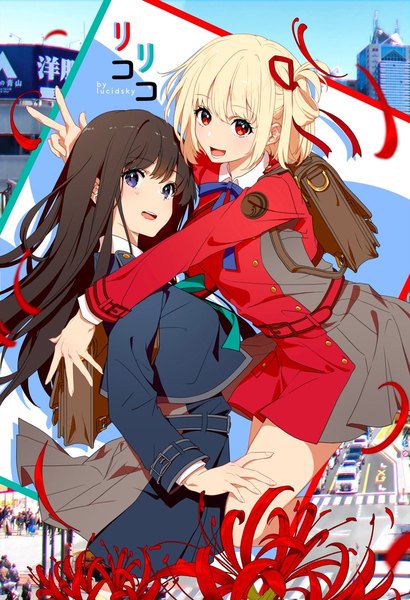 Anime picture 820x1200 with lycoris recoil nishikigi chisato inoue takina lucidsky long hair tall image looking at viewer short hair open mouth blue eyes blonde hair red eyes brown hair multiple girls :d girl uniform flower (flowers) ribbon (ribbons) 2 girls