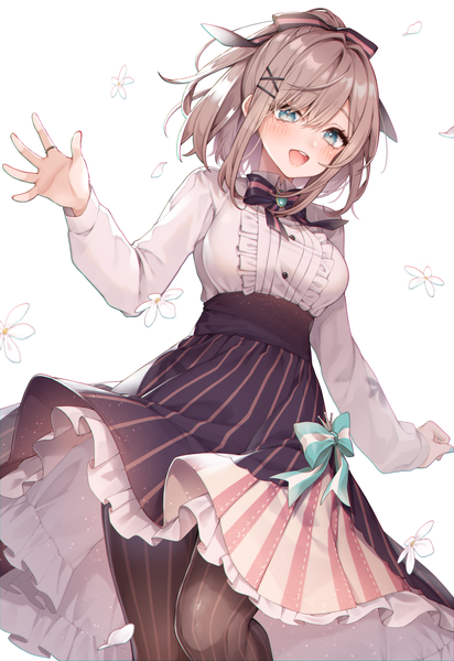 Anime picture 2000x2911 with virtual youtuber nijisanji suzuhara lulu ripu (sherypton) single tall image highres short hair open mouth blue eyes brown hair white background ponytail :d from below striped girl skirt hair ornament flower (flowers)