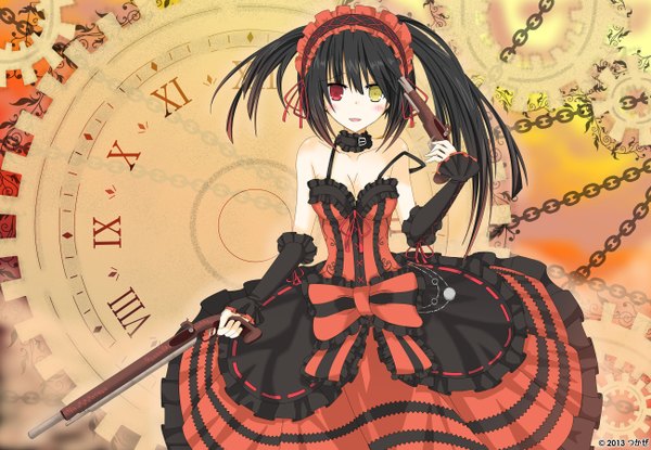 Anime picture 2600x1800 with date a live tokisaki kurumi tsukaze single long hair looking at viewer blush highres black hair twintails heterochromia uneven twintails girl dress bow weapon frills headdress gun chain