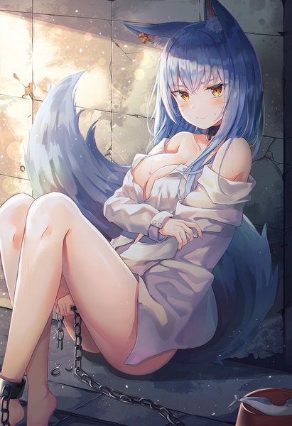Anime picture 1200x1750 with original lkeris single long hair tall image looking at viewer blush fringe breasts light erotic hair between eyes large breasts sitting bare shoulders holding animal ears yellow eyes silver hair indoors tail