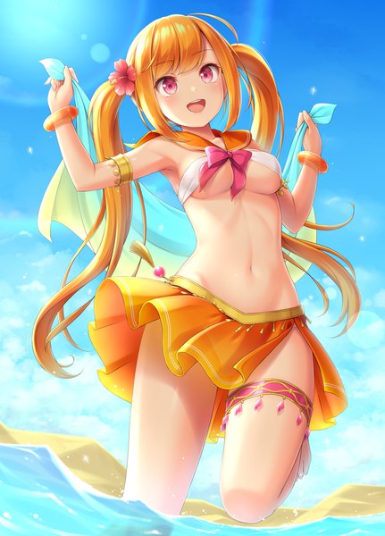 Anime picture 920x1280 with original sasaame single long hair tall image looking at viewer blush fringe breasts open mouth light erotic smile red eyes standing twintails holding payot sky cloud (clouds) ahoge