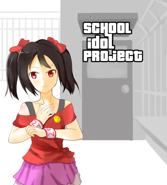 Anime picture 768x850 with love live! school idol project grand theft auto sunrise (studio) love live! yazawa nico burasuko single tall image looking at viewer blush fringe short hair black hair red eyes standing twintails payot off shoulder inscription short twintails
