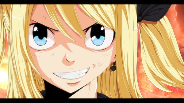 Anime picture 1920x1080 with fairy tail lucy heartfilia flupser single long hair highres blue eyes blonde hair smile wide image sky cloud (clouds) ponytail sunlight grin coloring side ponytail close-up face smirk