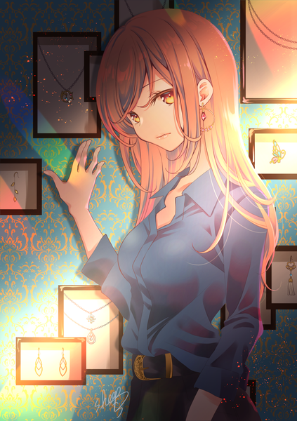 Anime picture 1000x1417 with original sheepd single long hair tall image looking at viewer signed yellow eyes upper body indoors orange hair light girl earrings shirt belt pendant hoop earrings picture frame
