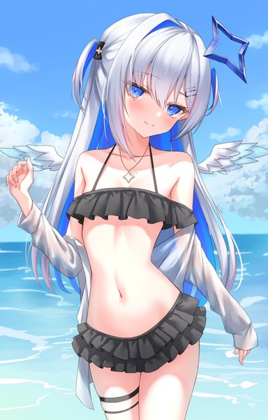 Anime picture 2315x3616 with virtual youtuber hololive amane kanata lis 111 single long hair tall image looking at viewer blush fringe highres blue eyes light erotic smile hair between eyes blue hair sky silver hair cloud (clouds) outdoors