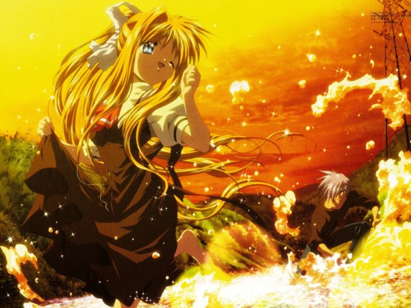 Anime picture 1280x960 with air key (studio) kamio misuzu kunisaki yukito evening sunset yellow background girl water
