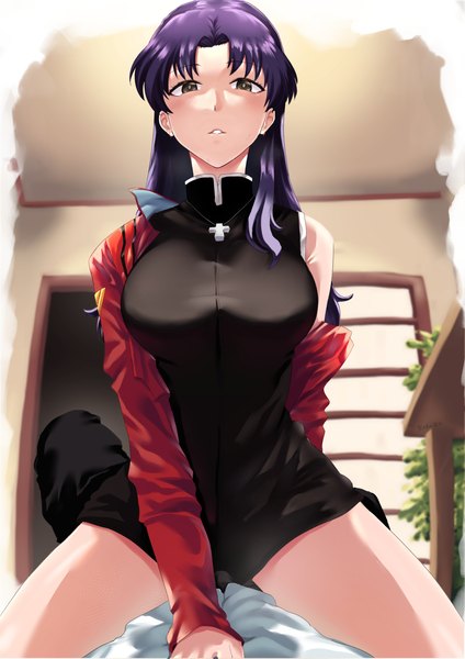 Anime picture 1116x1579 with neon genesis evangelion gainax katsuragi misato rororo long hair tall image looking at viewer blush fringe breasts light erotic large breasts sitting brown eyes purple hair indoors parted lips off shoulder open jacket solo focus