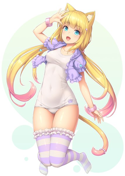 Anime picture 870x1220 with original sasaame single long hair tall image looking at viewer blush fringe breasts open mouth light erotic blonde hair simple background twintails animal ears full body bent knee (knees) tail :d animal tail