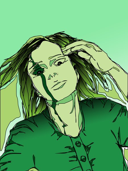 Anime picture 1536x2048 with original sota single long hair tall image simple background upper body fingernails green hair black eyes facial mark looking down hand on head green background self shot girl buttons