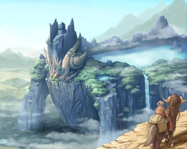 Anime picture 2560x2048 with original tanigawa hiroshi highres horn (horns) landscape fantasy rock waterfall fog lake riding epic water monster colossus