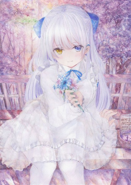 Anime picture 1130x1600 with original darkkanan single long hair tall image looking at viewer blush fringe blue eyes sitting holding yellow eyes silver hair outdoors blunt bangs long sleeves arm support heterochromia half updo frilled dress