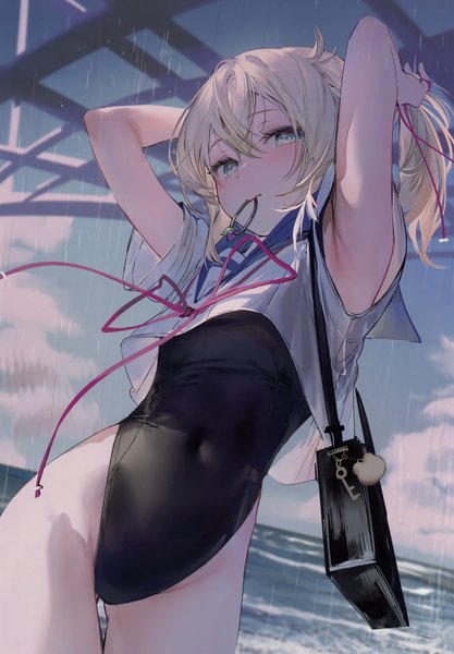 Anime picture 2419x3482 with virtual youtuber hololive kazama iroha umibouzu (niito) single long hair tall image looking at viewer blush fringe highres blue eyes light erotic blonde hair hair between eyes standing holding sky cloud (clouds) outdoors