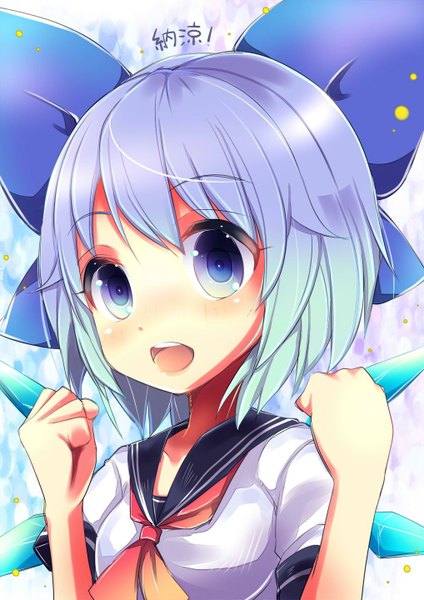 Anime picture 1018x1440 with touhou cirno uta (kuroneko) single tall image looking at viewer blush short hair open mouth blue eyes purple hair alternate costume girl uniform bow hair bow wings serafuku