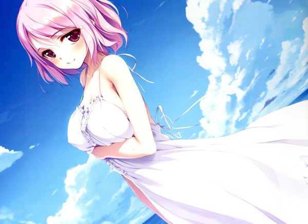 Anime picture 3176x2316 with touhou saigyouji yuyuko ke-ta single looking at viewer blush fringe highres short hair breasts light erotic red eyes large breasts standing pink hair absurdres sky cloud (clouds) ass light smile