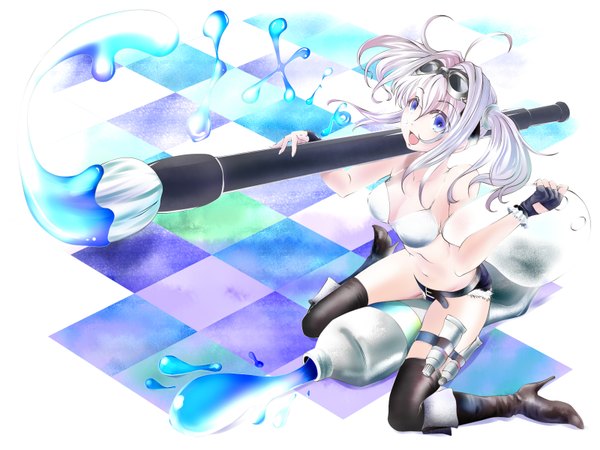 Anime picture 1600x1200 with original poker-face-008 single long hair open mouth blue eyes blonde hair sitting twintails bare shoulders ahoge checkered floor girl thighhighs gloves black thighhighs glasses shorts belt fingerless gloves