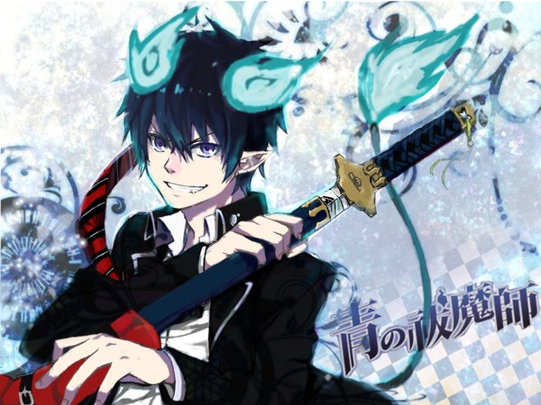 Anime picture 1024x768 with ao no exorcist a-1 pictures okumura rin skylark 18 single fringe short hair black hair smile hair between eyes purple eyes tail pointy ears wallpaper glowing boy uniform weapon school uniform sword