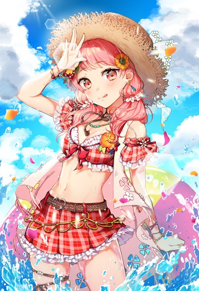 Anime picture 1228x1795 with bang dream! maruyama aya bari dal single long hair tall image looking at viewer blush fringe breasts smile standing twintails pink hair sky cleavage cloud (clouds) outdoors pleated skirt pink eyes