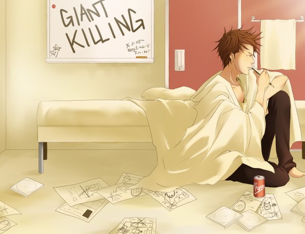 Anime picture 1300x1000 with giant killing tatsumi takeshi single short hair brown hair sitting brown eyes profile barefoot inscription boy bed towel paper can pencil cd