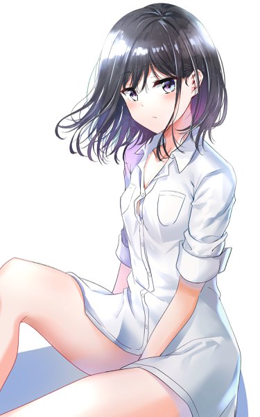 Anime picture 1500x2401 with masamune-kun no revenge silver link adagaki aki nyung single tall image looking at viewer blush fringe short hair blue eyes light erotic black hair simple background hair between eyes white background sitting bare legs thighs floating hair