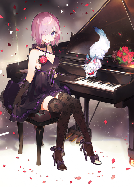 Anime picture 1426x2000 with fate (series) fate/grand order mash kyrielight fou (fate) namie-kun single tall image looking at viewer blush fringe short hair breasts smile sitting purple eyes bare shoulders pink hair cleavage full body hair over one eye
