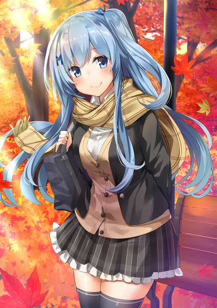 Anime picture 1358x1920 with original emori miku project emori miku takehana note single long hair tall image looking at viewer blush fringe blue eyes smile standing holding payot blue hair outdoors sunlight open clothes official art