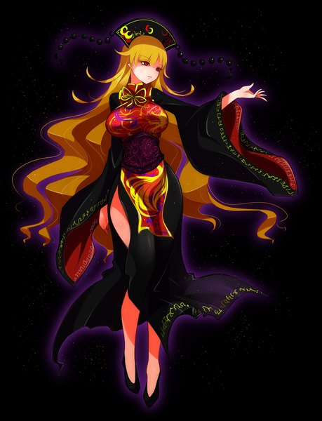 Anime picture 1500x1962 with touhou junko (touhou) raptor7 single tall image simple background blonde hair red eyes looking away full body very long hair bare legs outstretched arm black background side slit underbust girl headdress