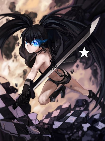 Anime picture 1113x1500 with black rock shooter black rock shooter (character) rff (3 percent) single long hair tall image looking at viewer blue eyes light erotic black hair bare shoulders glowing glowing eye (eyes) checkered floor floor uneven twintails girl gloves weapon sword