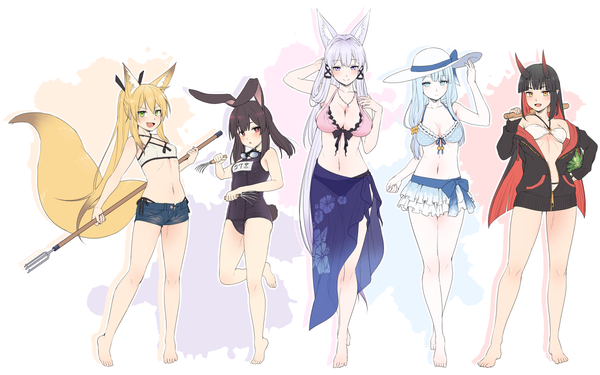 Anime picture 1200x750 with original tamamo (yagi) tamakagura inari tsukune (yagi) yukimi (yagi) ibarakidouji hoozuki yagi (ningen) long hair looking at viewer blush breasts open mouth blue eyes light erotic black hair simple background blonde hair smile red eyes brown hair