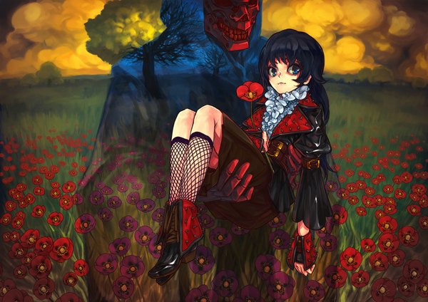 Anime picture 1160x820 with original kouyou kari momijigari blue eyes black hair cloud (clouds) ghost skeleton field girl flower (flowers) plant (plants) tree (trees) knee socks poppy