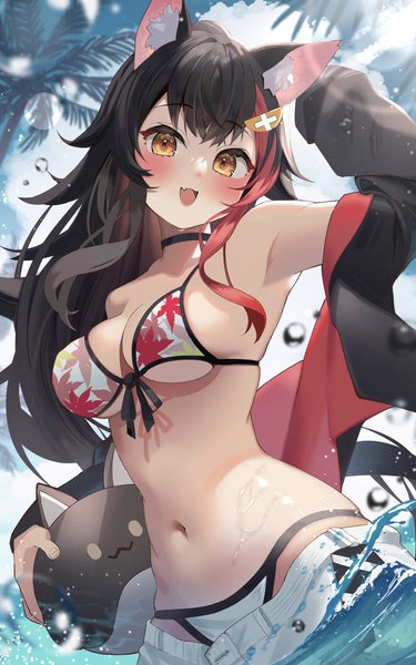 Anime-Bild 2395x3833 mit virtual youtuber hololive ookami mio ookami mio (summer vacation) dodota single long hair tall image blush fringe highres breasts open mouth light erotic black hair smile large breasts holding brown eyes animal ears