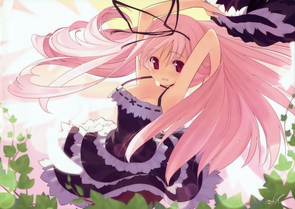Anime picture 1400x995 with garden (galge) cuffs (studio) himemiya ruri sumaki shungo single long hair looking at viewer blush red eyes signed pink hair arms behind head girl dress ribbon (ribbons) plant (plants) hair ribbon black dress feather (feathers)