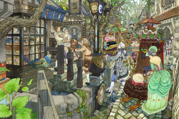 Anime-Bild 1800x1202 mit original mushiyoshi highres city detailed victorian dress hat animal cat clock stairs pocket watch picture horse crowd