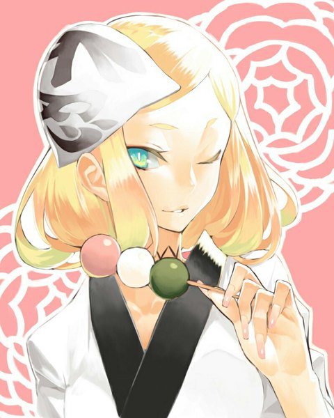 Anime picture 800x1000 with katanagatari white fox hiteihime (katanagatari) 92m single tall image short hair open mouth blonde hair traditional clothes japanese clothes one eye closed aqua eyes wink girl hair ornament hakama wagashi dango