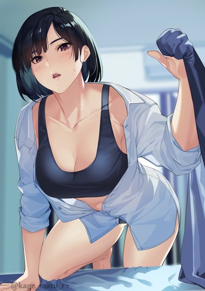 Anime picture 1736x2456 with original kagematsuri single tall image looking at viewer blush fringe highres short hair breasts open mouth light erotic black hair large breasts standing brown eyes signed cleavage indoors mole