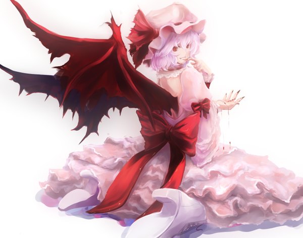 Anime picture 1400x1100 with touhou remilia scarlet dearmybrothers single short hair simple background red eyes white background pink hair looking back finger to mouth girl dress wings blood bonnet