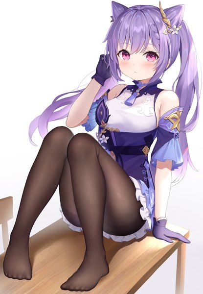 Anime picture 2887x4175 with genshin impact keqing (genshin impact) hokori sakuni single long hair tall image looking at viewer blush fringe highres breasts light erotic simple background white background sitting twintails bare shoulders payot purple hair bent knee (knees)