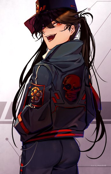 Anime picture 587x918 with fate (series) fate/grand order oda nobunaga (fate) (all) oda nobunaga (fate) marchab 66 single long hair tall image looking at viewer fringe open mouth hair between eyes red eyes brown hair standing twintails signed looking back from behind grey background