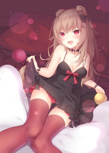 Anime picture 1300x1818 with original nachi single long hair tall image looking at viewer blush open mouth light erotic red eyes brown hair bare shoulders animal ears tail :d animal tail pantyshot dog ears dog tail dog girl