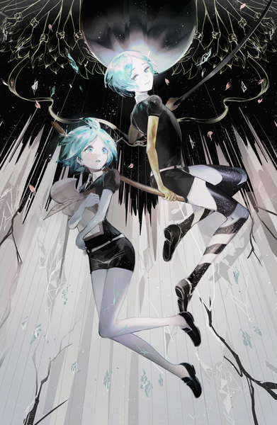 Anime picture 783x1200 with houseki no kuni phosphophyllite tsuki jin k (sktchblg) tall image short hair full body aqua eyes aqua hair puffy sleeves dual persona androgynous spoilers crack uniform paper hands