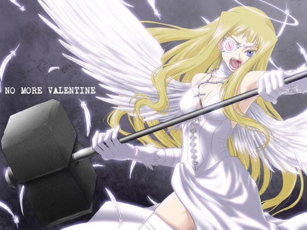 Anime picture 1280x960 with original iga tomoteru long hair open mouth blue eyes blonde hair angel wings valentine girl dress gloves weapon wings feather (feathers) halo eyepatch cross hammer