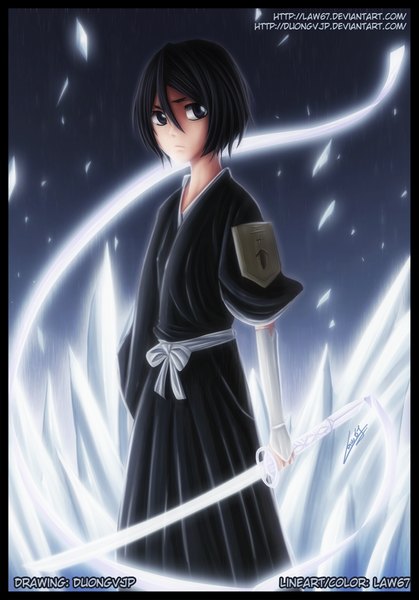 Anime-Bild 1000x1432 mit bleach studio pierrot kuchiki rukia law67 single tall image short hair black hair japanese clothes black eyes coloring framed girl ribbon (ribbons) weapon sword belt kimono katana ice