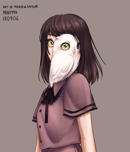 Anime picture 2480x2900 with original mari945 single long hair tall image looking at viewer fringe highres black hair simple background signed yellow eyes upper body grey background wide sleeves covering eye (eyes) animal on shoulder bird on shoulder girl animal