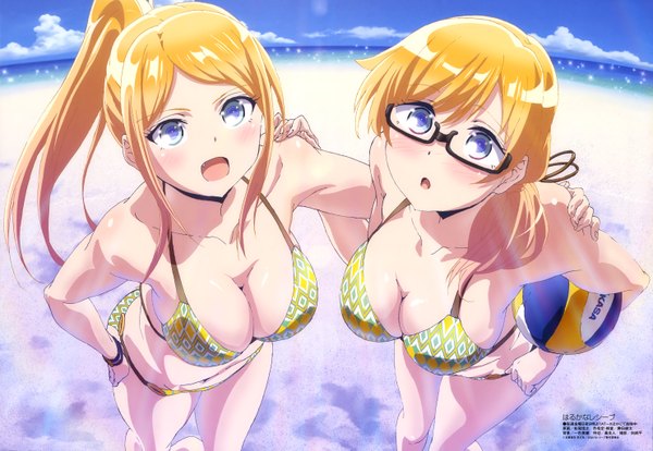 Anime picture 5923x4092 with harukana receive megami magazine thomas claire thomas emily matsuo nobuyuki long hair looking at viewer blush fringe highres breasts open mouth blue eyes light erotic blonde hair hair between eyes large breasts standing bare shoulders multiple girls