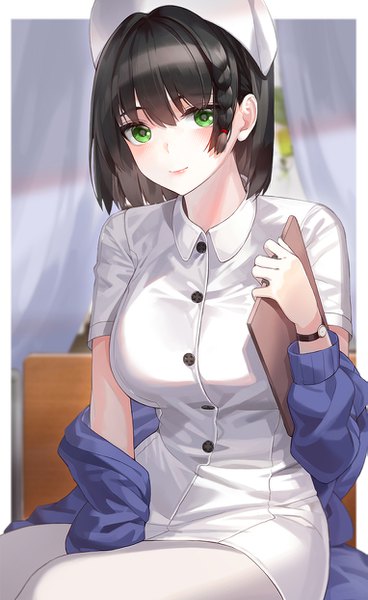 Anime picture 763x1244 with original kfr single tall image looking at viewer blush fringe short hair breasts black hair smile hair between eyes sitting holding green eyes indoors braid (braids) off shoulder short sleeves side braid