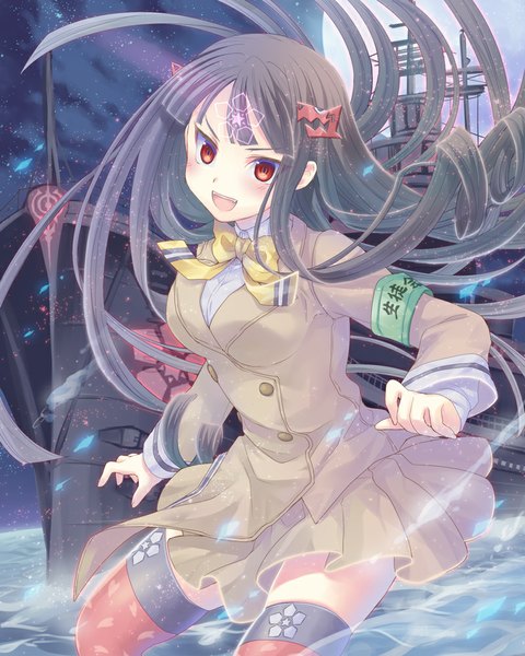 Anime picture 800x1000 with aoki hagane no arpeggio ashigara (aoki hagane no arpeggio) soukuu kizuna single long hair tall image looking at viewer blush open mouth black hair red eyes night girl thighhighs skirt hair ornament bowtie moon watercraft ship