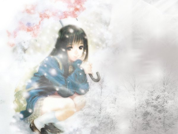 Anime picture 1024x768 with haruhiko mikimoto fringe black hair smile black eyes wallpaper snowing winter snow squat girl socks umbrella white socks