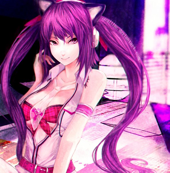 Anime picture 884x900 with beatmania beatmania iidx mizushiro celica teralilac single tall image fringe smile twintails bare shoulders animal ears pink hair very long hair pink eyes cat ears cat girl adjusting hair girl necktie belt